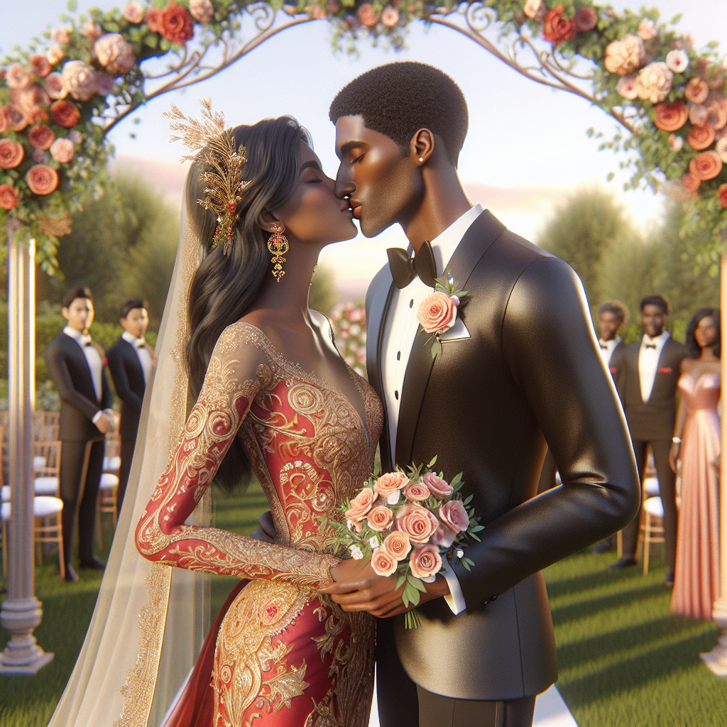 Realistic stock image of wedding couple kissing